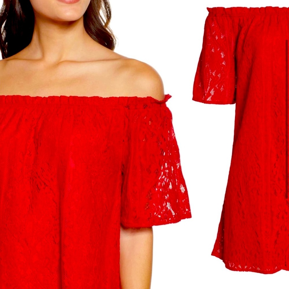 BB Dakota Off the Shoulder Red Lace Shift Dress - Picture 2 of 5